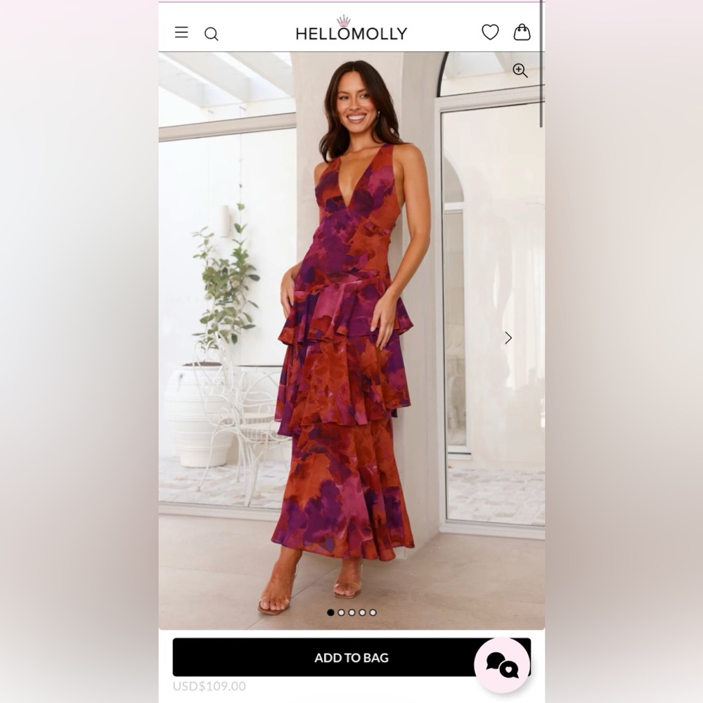 Hello Molly Purple & Rust Floral Plunge Tiered Maxi Dress